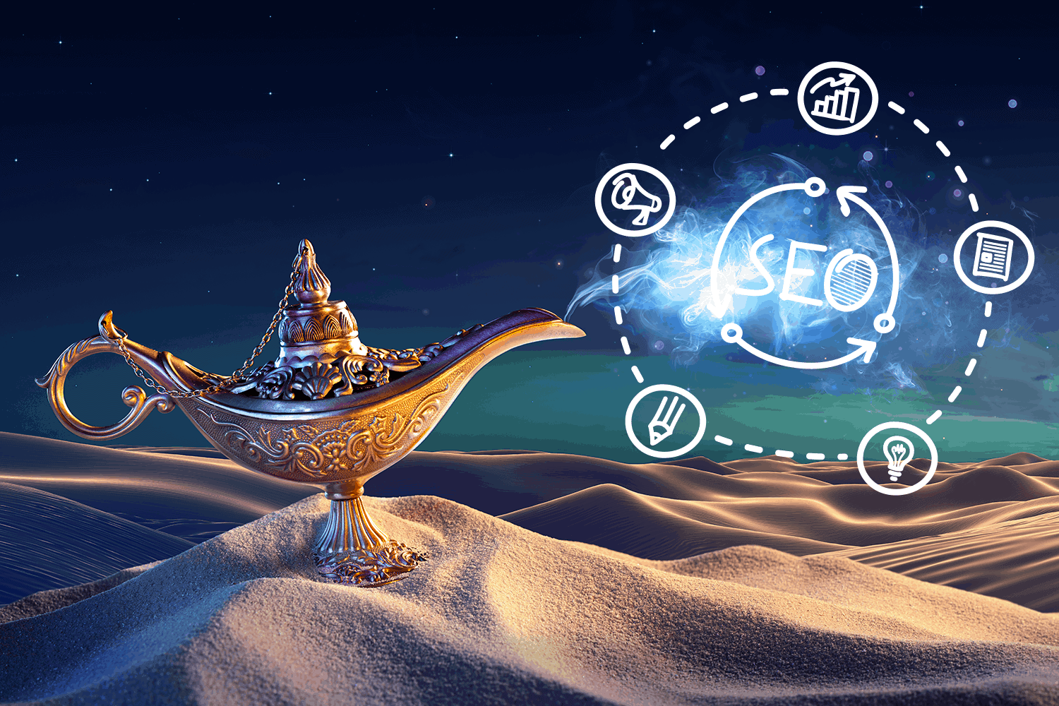 a smoke with seo words getting out of the lamp in the dessert